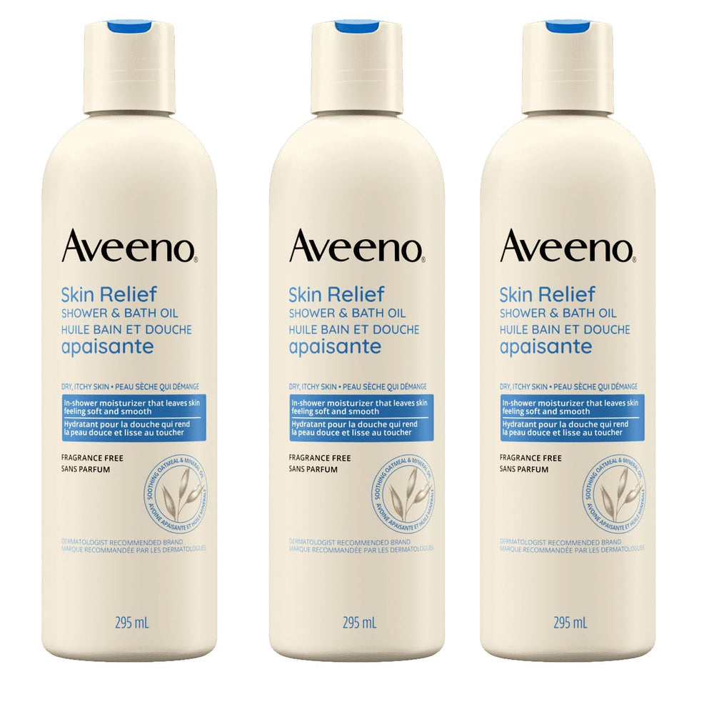 Aveeno Skin Relief Shower & Bath Oil 3-pack front view; moisturizes dry skin daily.