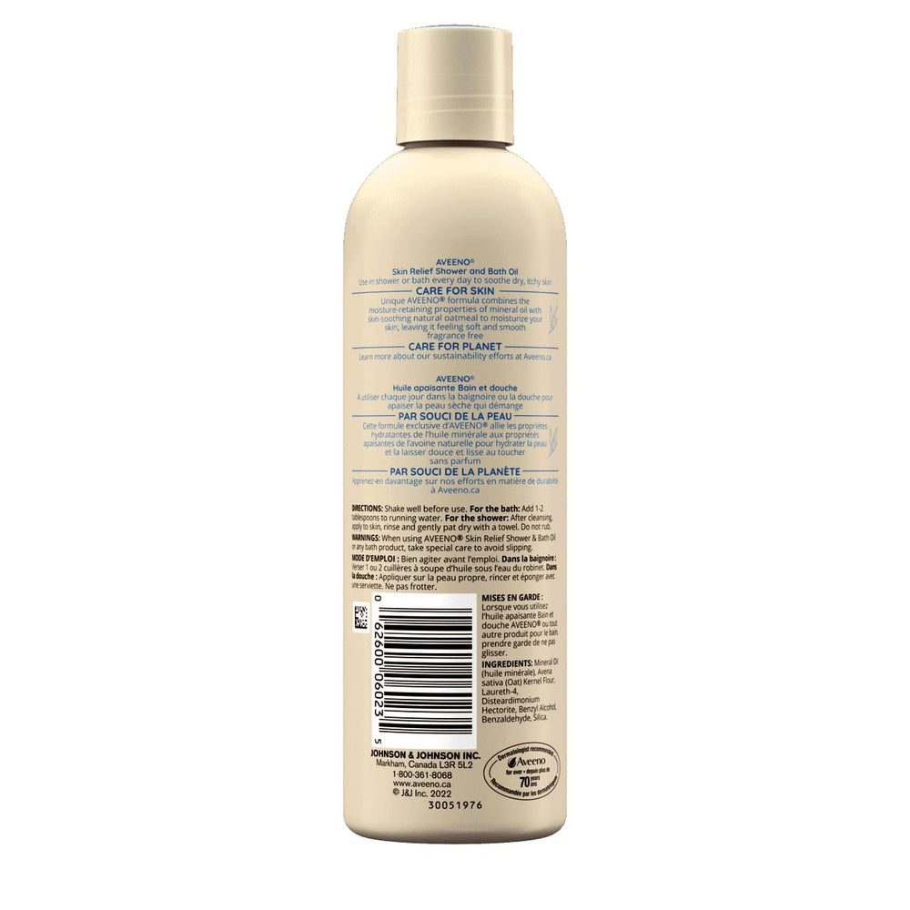 Aveeno Skin Relief Shower & Bath Oil 3-pack packaging shot; ideal for shower or bath routines.