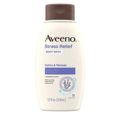 Aveeno Stress Relief Body Wash bottle showing calming cleansing for sensitive skin.