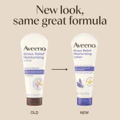 Aveeno Stress Relief lotion package highlighting 24-hour moisture