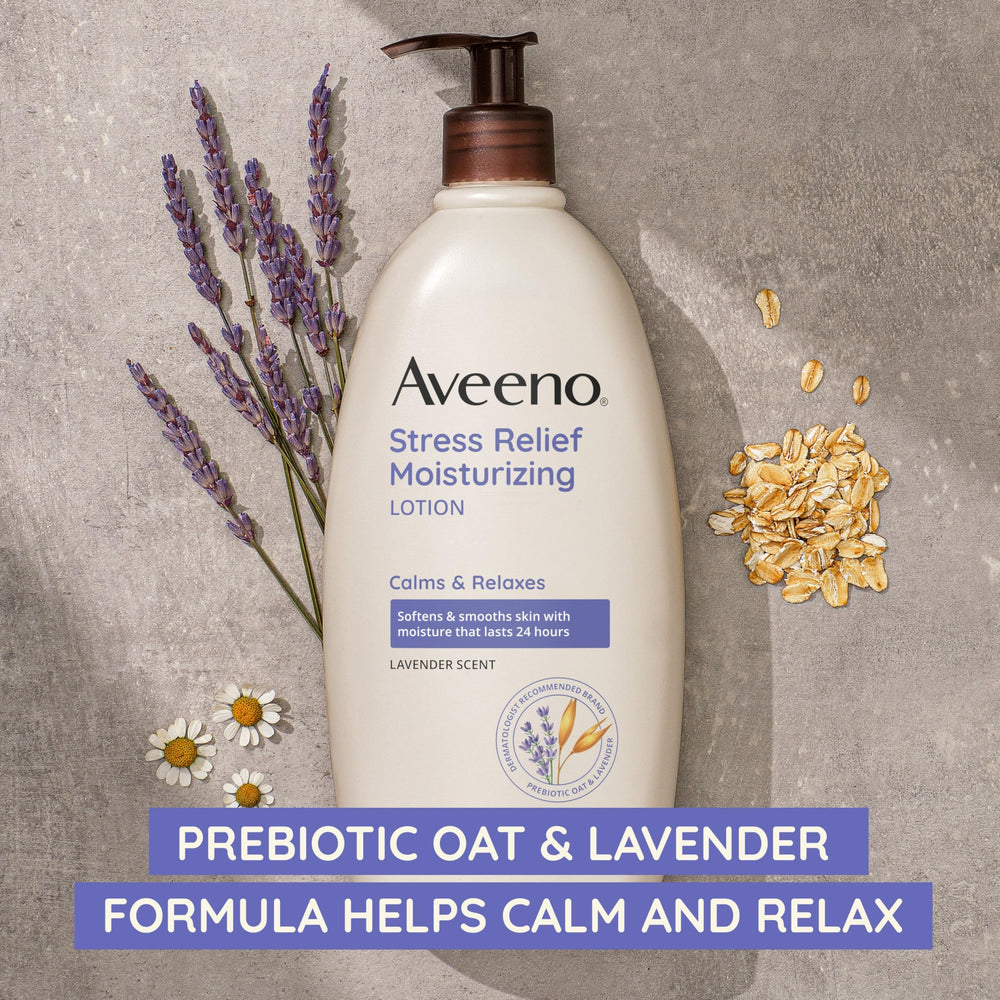 Aveeno travel-size stress relief lotion suitable for on-the-go
