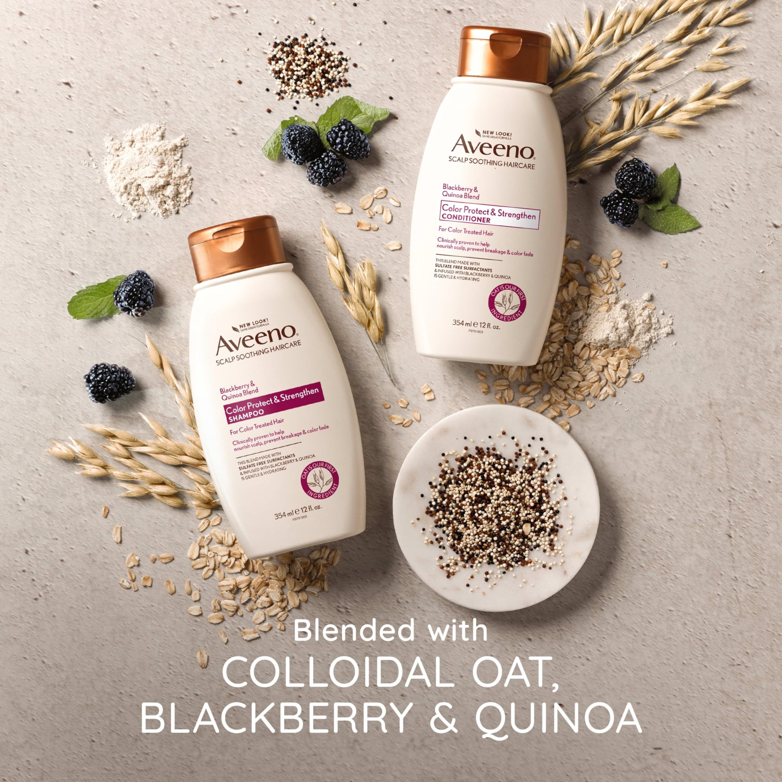 Aveeno sulfate-free formula bottle, dye-free and paraben-free, gentle for color-treated hair.