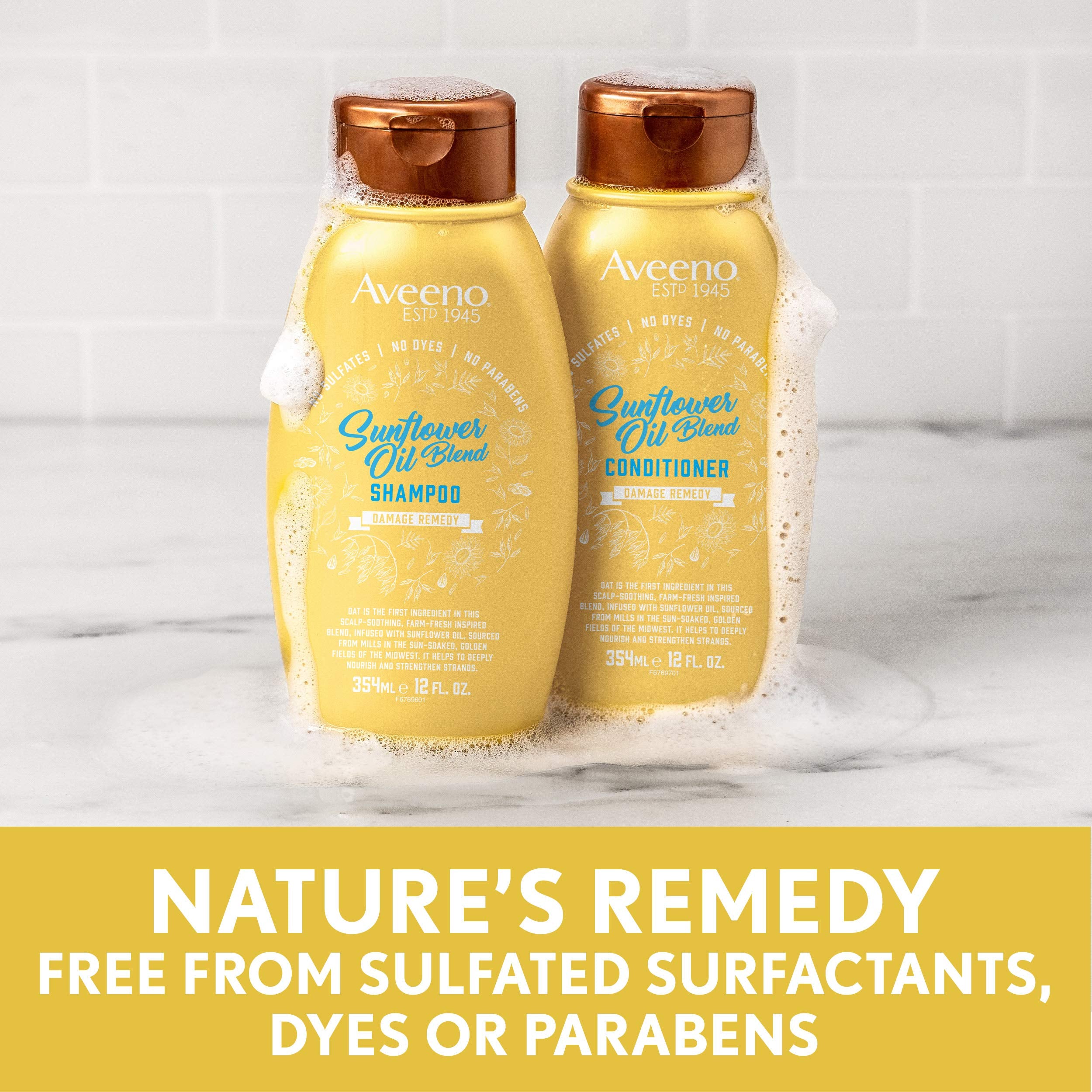 Aveeno Deep Moisturizing Sunflower Oil Blend Shampoo on wet hair nourishes shine