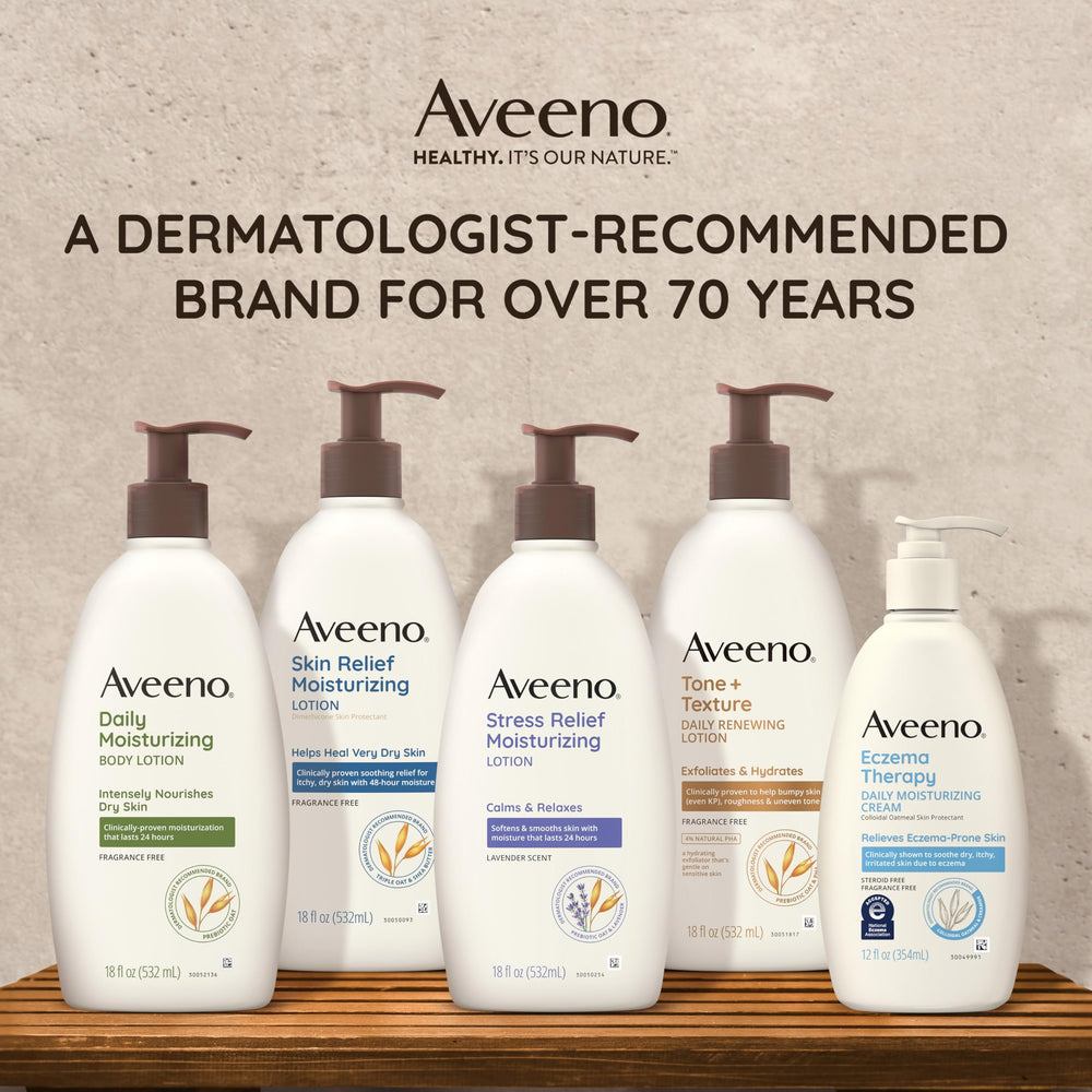 Aveeno Tone + Texture dermatologist-approved routine for daily care.