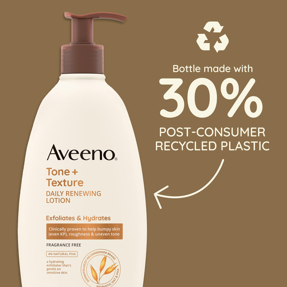 Aveeno Tone + Texture lotion applied on skin for even texture improvement.