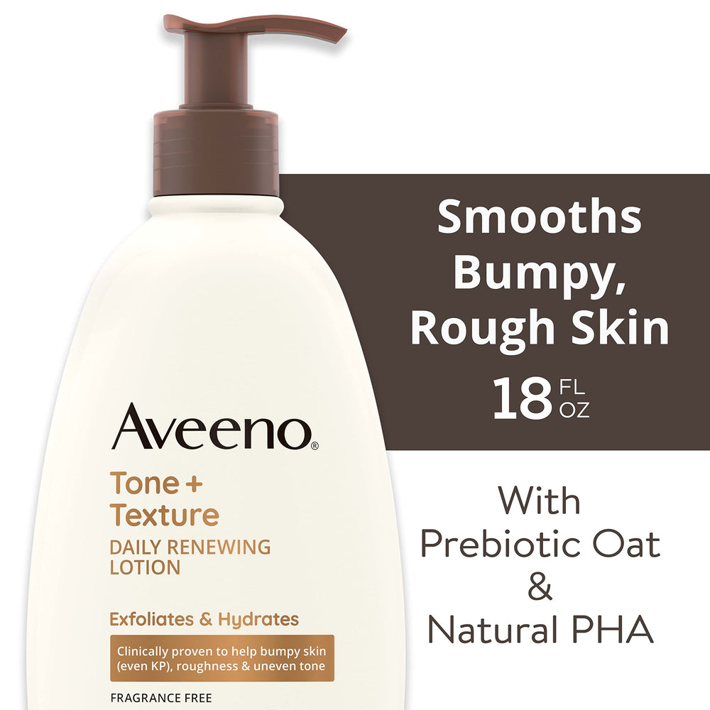 Aveeno Tone + Texture lotion front view hydrates dry skin all day.