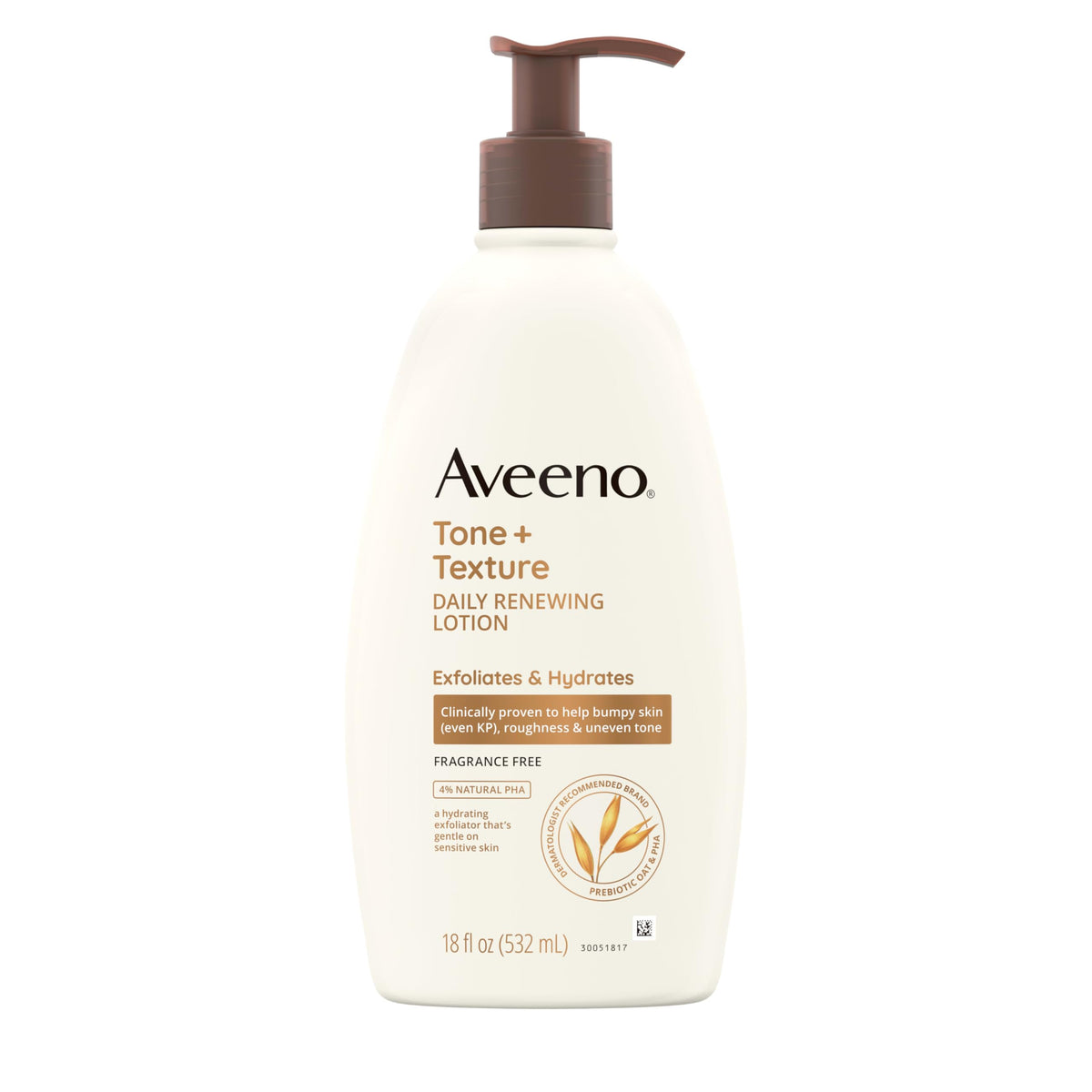 Aveeno Tone + Texture lotion jar closeup for smoother, softer skin.