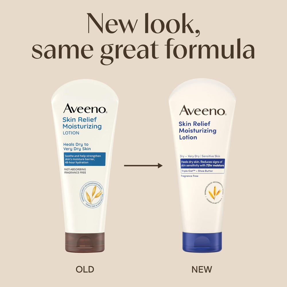 Close-up of Aveeno triple oat and shea butter formula for dry skin relief.