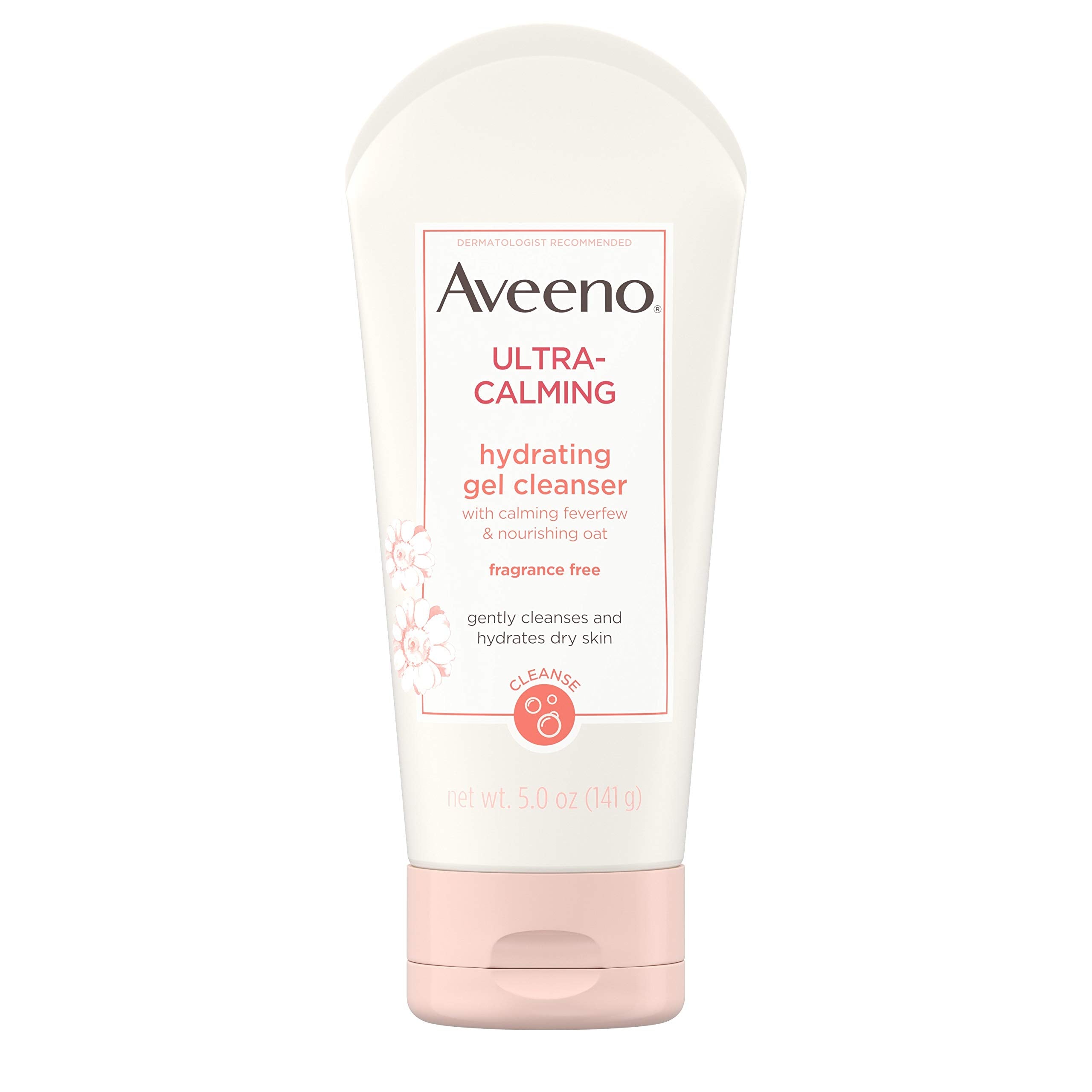 Aveeno Ultra-Calming Hydrating Gel Cleanser bottle being poured for daily gentle cleansing