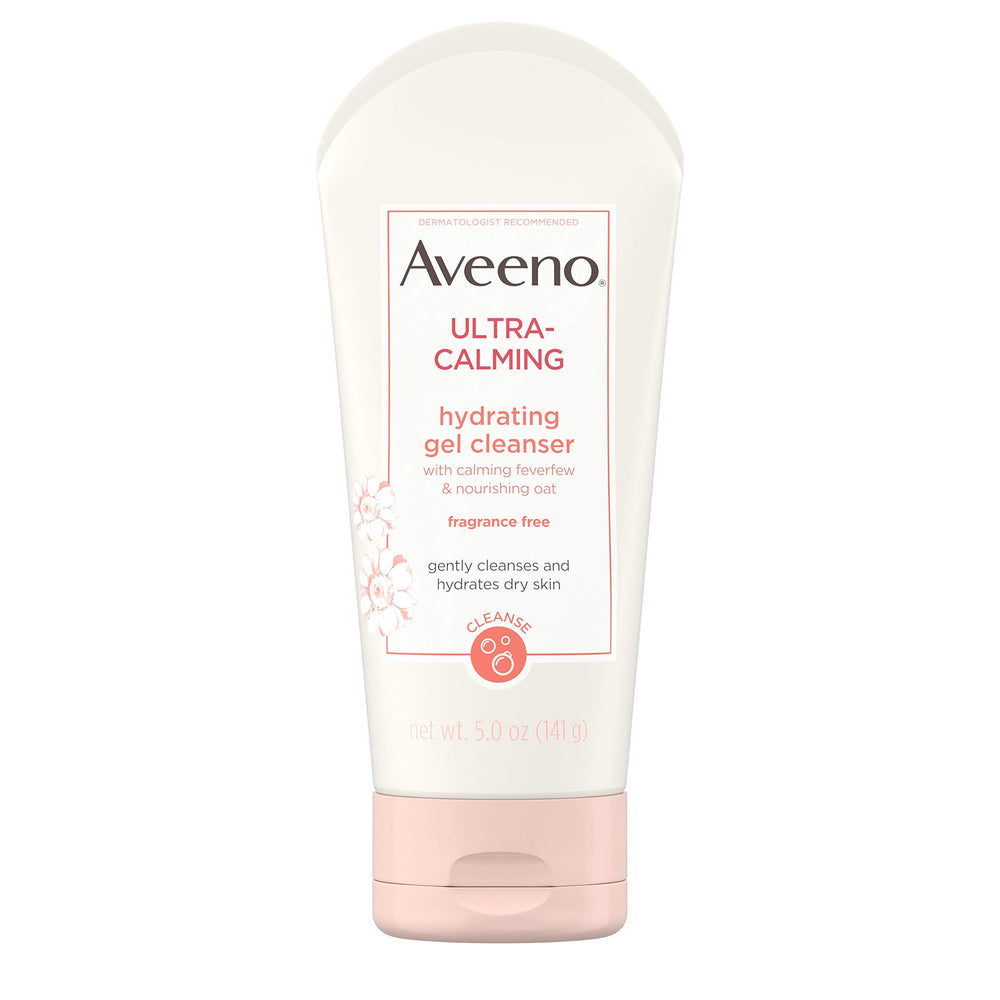 Aveeno Ultra-Calming Hydrating Gel Cleanser bottle being poured for daily gentle cleansing