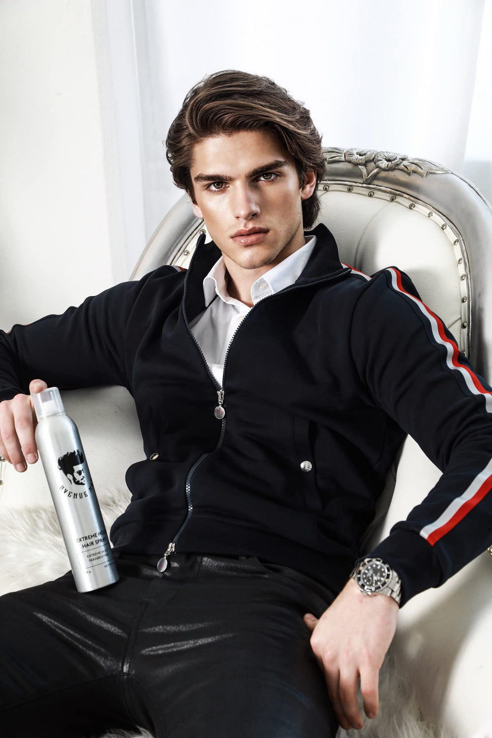 Salon-style finish achieved with Avenue Man extreme hold hairspray