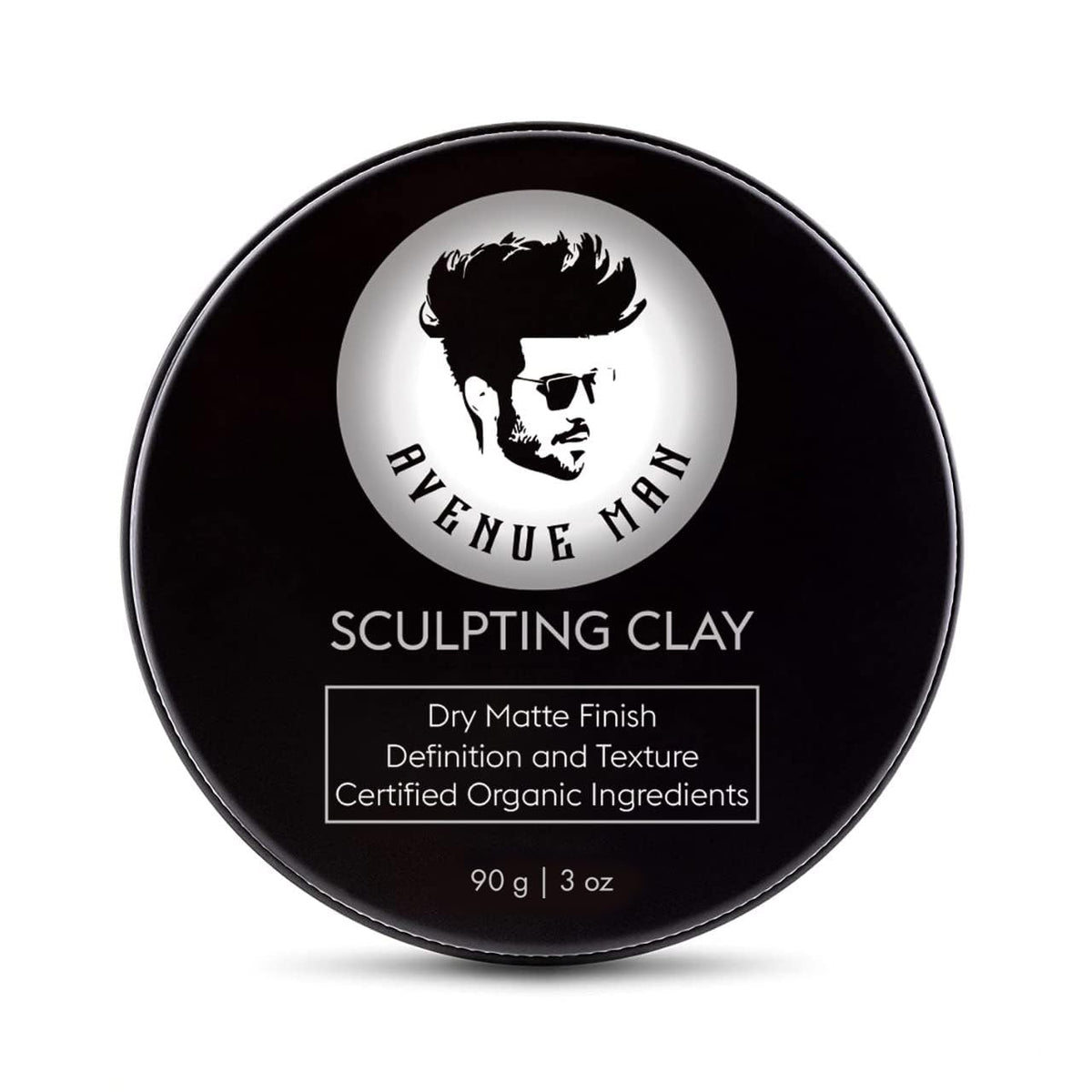 Avenue Man Hair Clay bottle closeup, showcasing premium packaging and branding
