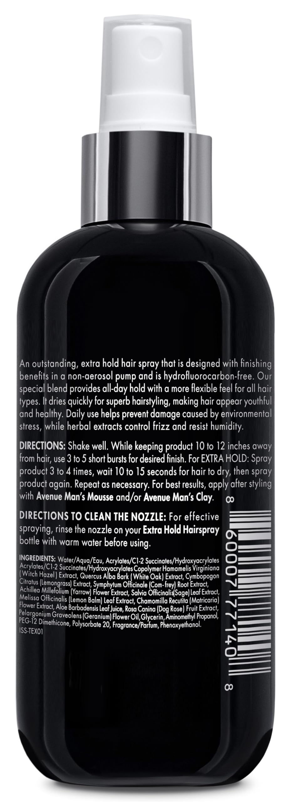 Avenue Man hair spray silky finish on styled hair.