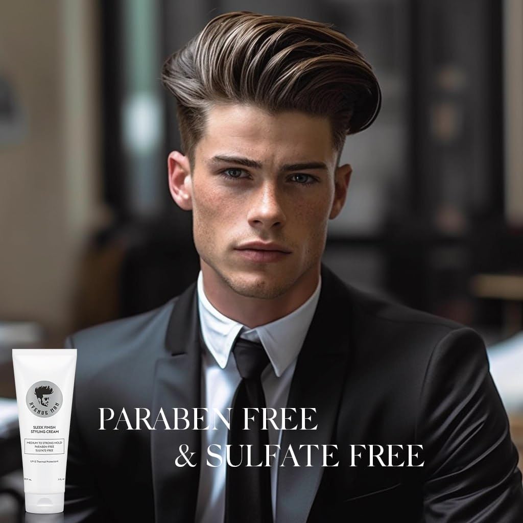 Avenue Man Sleek Finish Cream wet-styling scene with humidity resistance.