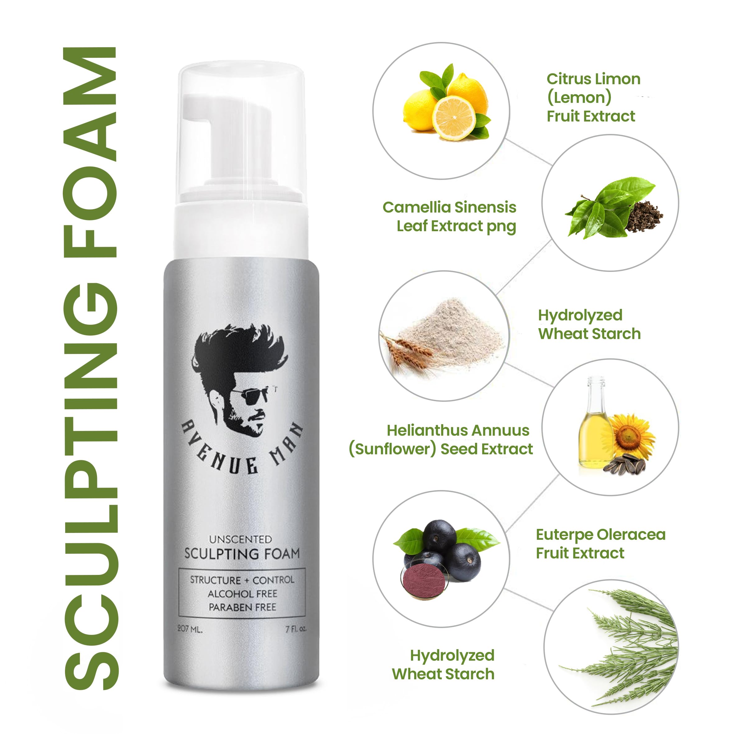 Avenue Man Unscented Sculpting Foam uses fragrance-free formula, ideal for sensitive scalps.