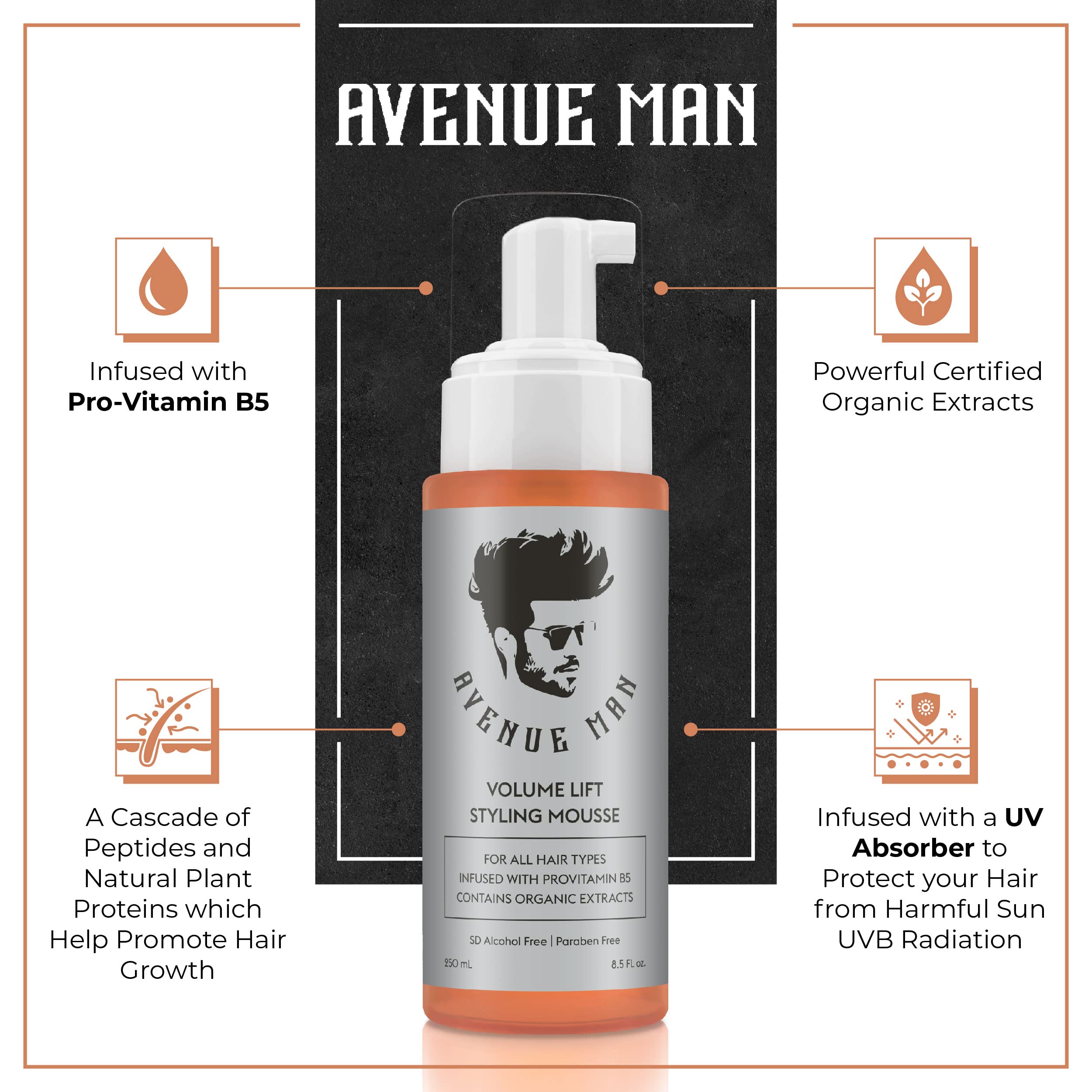 Avenue Man Volume Lift Mousse dispenser mid-use delivering even foam for coverage and hold.