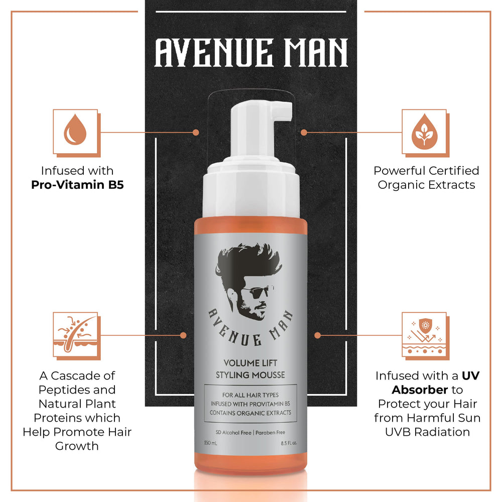 Avenue Man Volume Lift Mousse dispenser mid-use delivering even foam for coverage and hold.