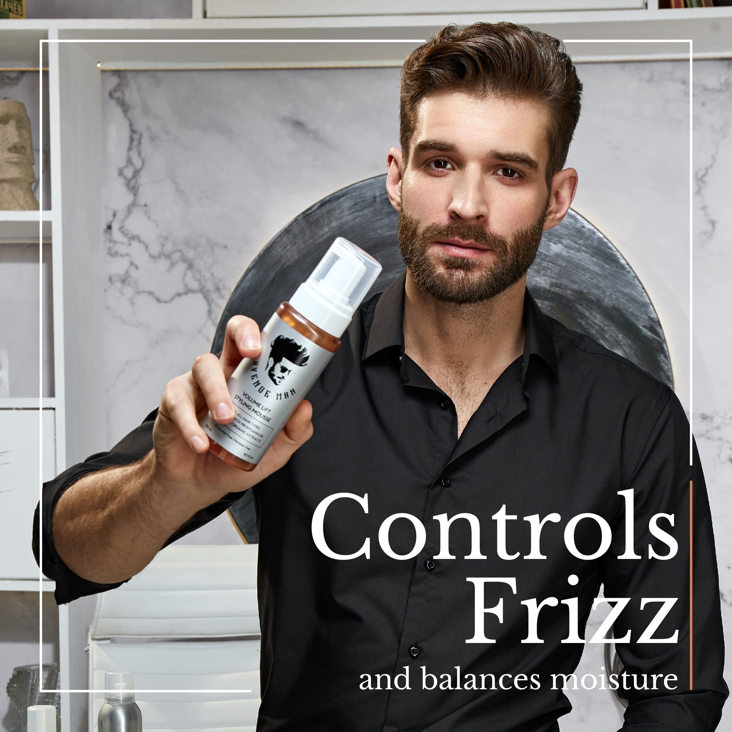 Avenue Man Volume Lift Mousse silk protein visual cue for strengthened hair texture.