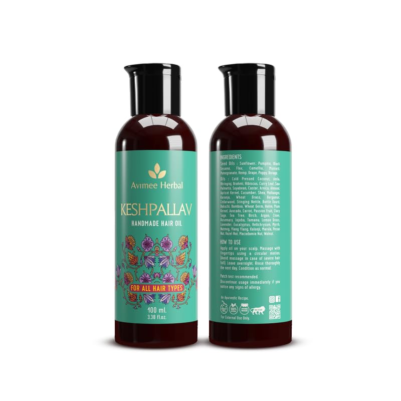 AVIMEE HERBAL Keshpallav Hair Oil label highlighting mineral oil-free formula.