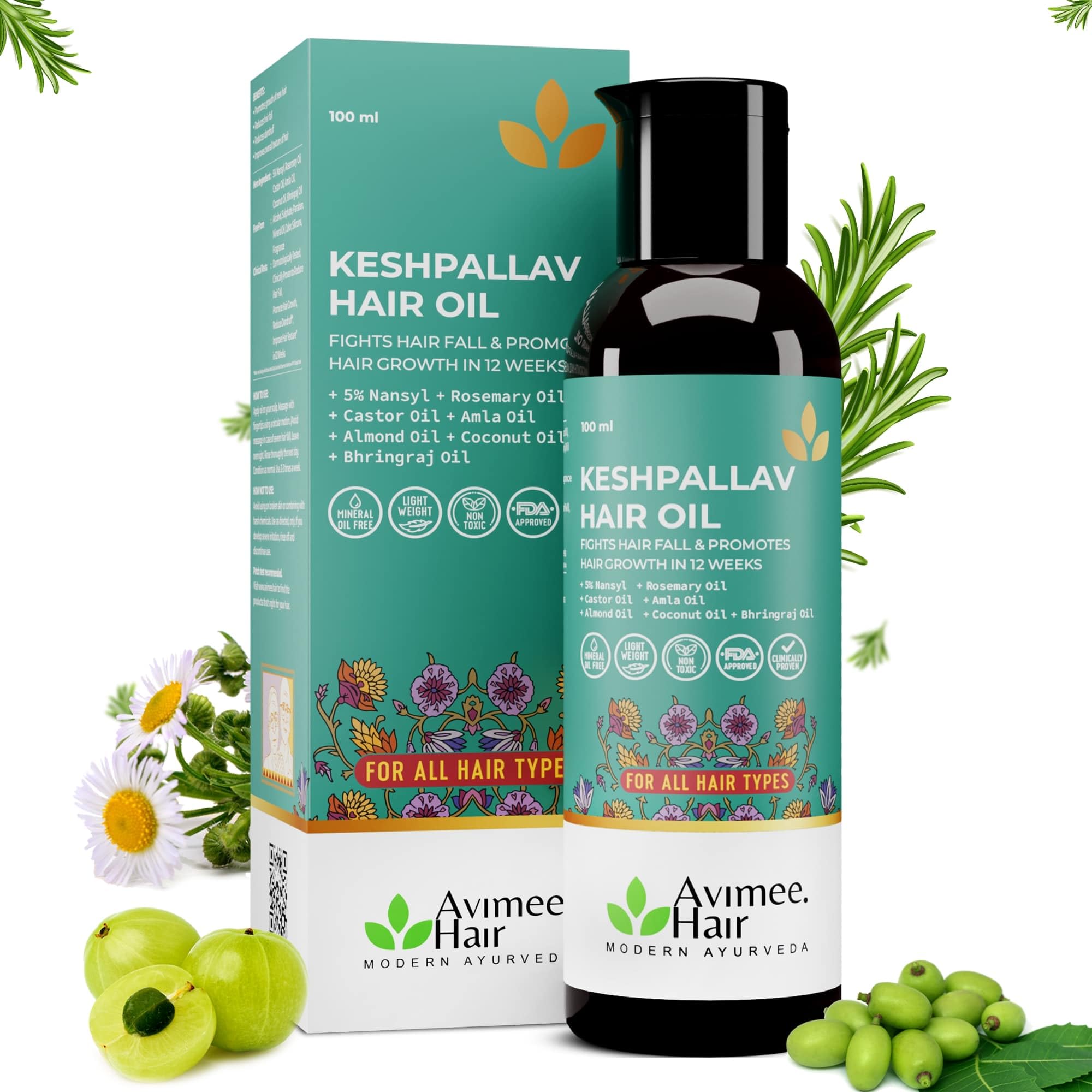 AVIMEE HERBAL Keshpallav Hair Oil bottle being poured for easy nourishment.