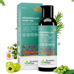 AVIMEE HERBAL Keshpallav Hair Oil bottle being poured for easy nourishment.