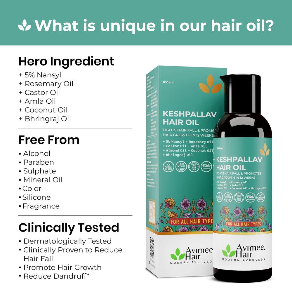 AVIMEE HERBAL Keshpallav Hair Oil with amla and brahmi ingredients promoting healthy hair.