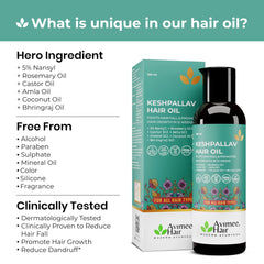 AVIMEE HERBAL Keshpallav Hair Oil with amla and brahmi ingredients promoting healthy hair.