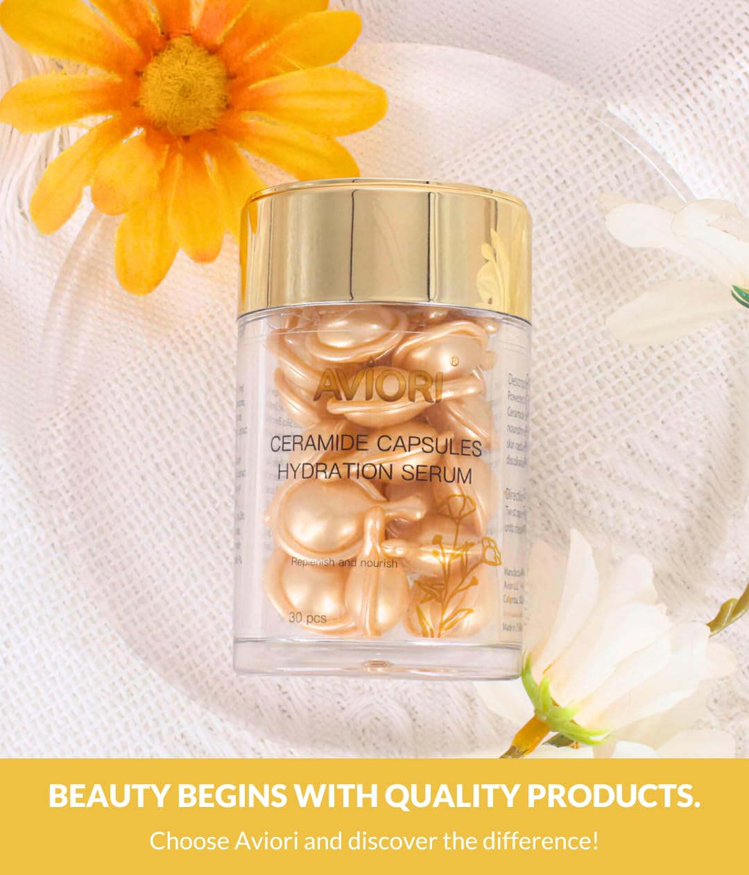 AVIORI Ceramide Capsules Serum product shot focused on single-dose capsule