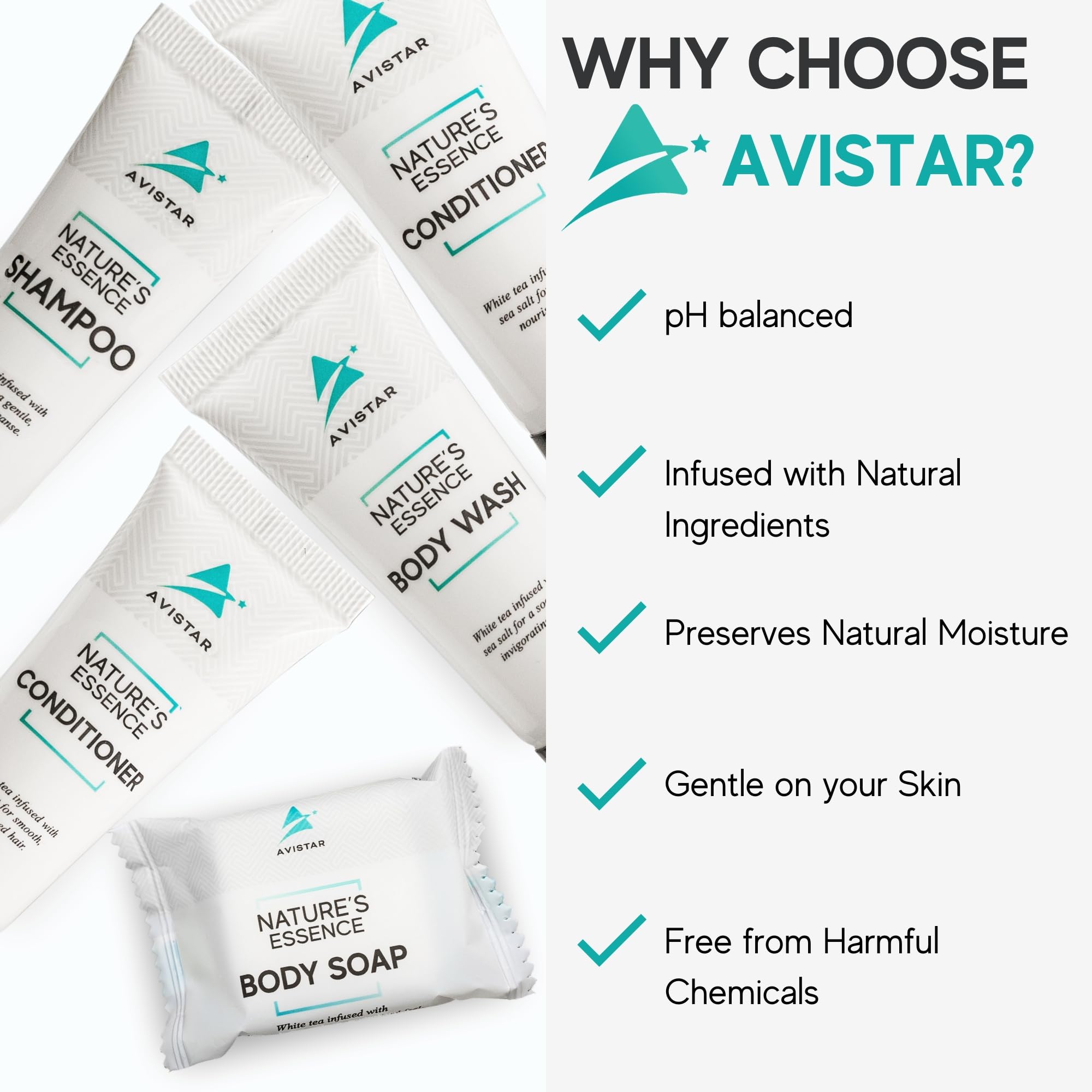 Avistar guest bathroom packaging display highlights elegant bulk toiletries for hosts seeking a premium look