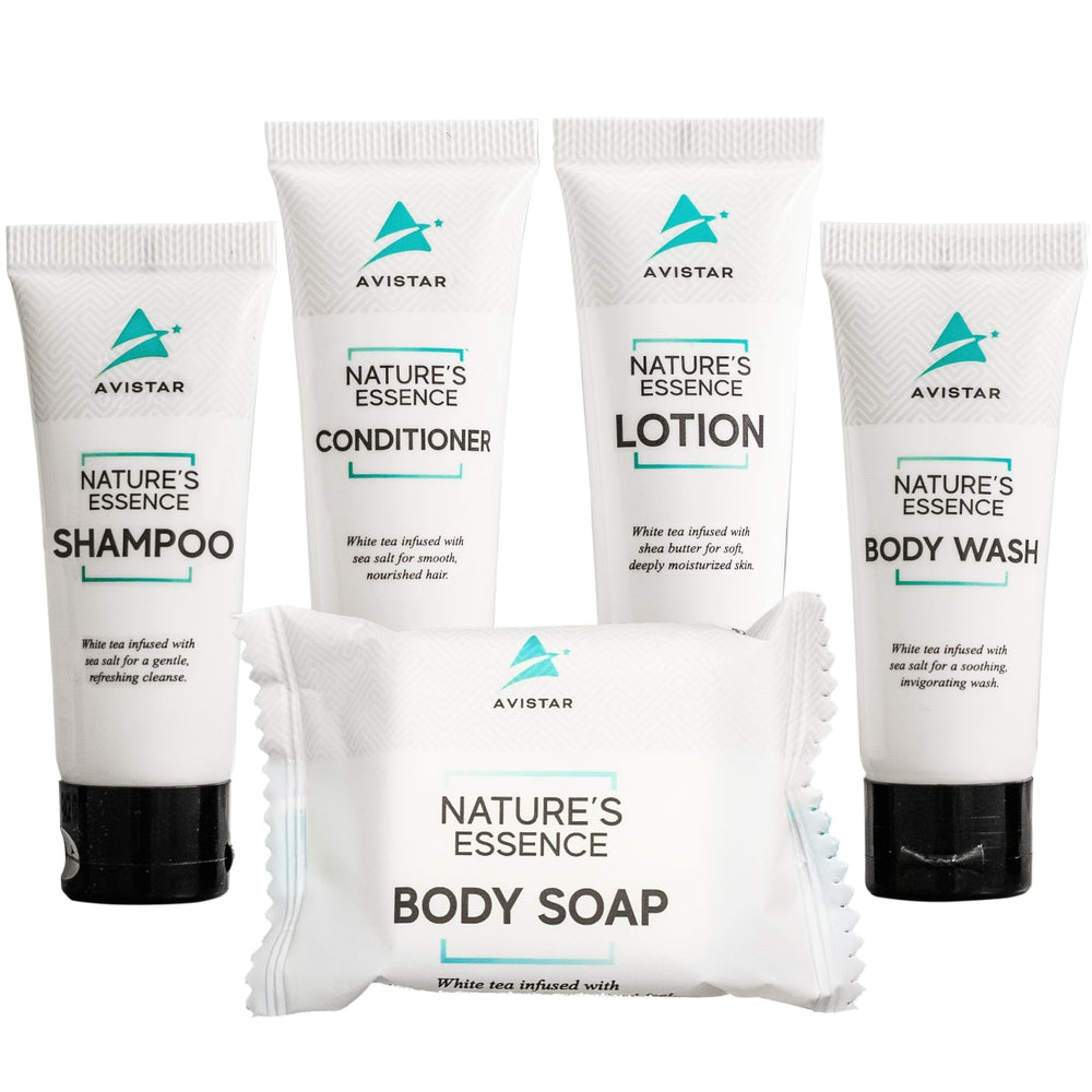 Avistar hotel shampoo bulk set in a well-stocked guest bathroom for premium guest experience