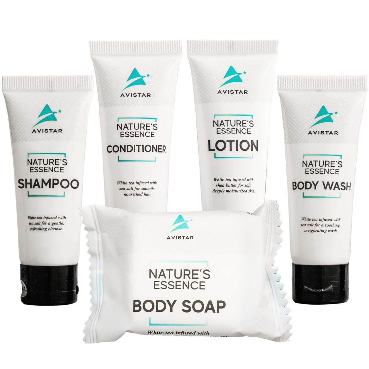 Avistar hotel shampoo bulk set in a well-stocked guest bathroom for premium guest experience