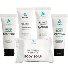 Avistar hotel shampoo bulk set in a well-stocked guest bathroom for premium guest experience