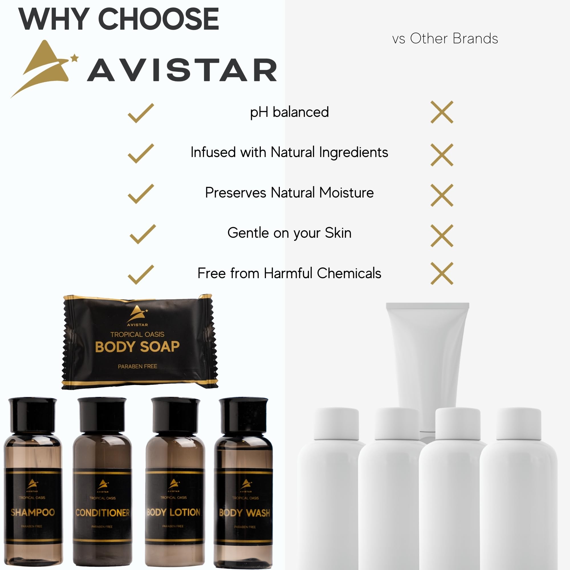 Avistar hotel soap bars bulk set arranged for easy guest access.