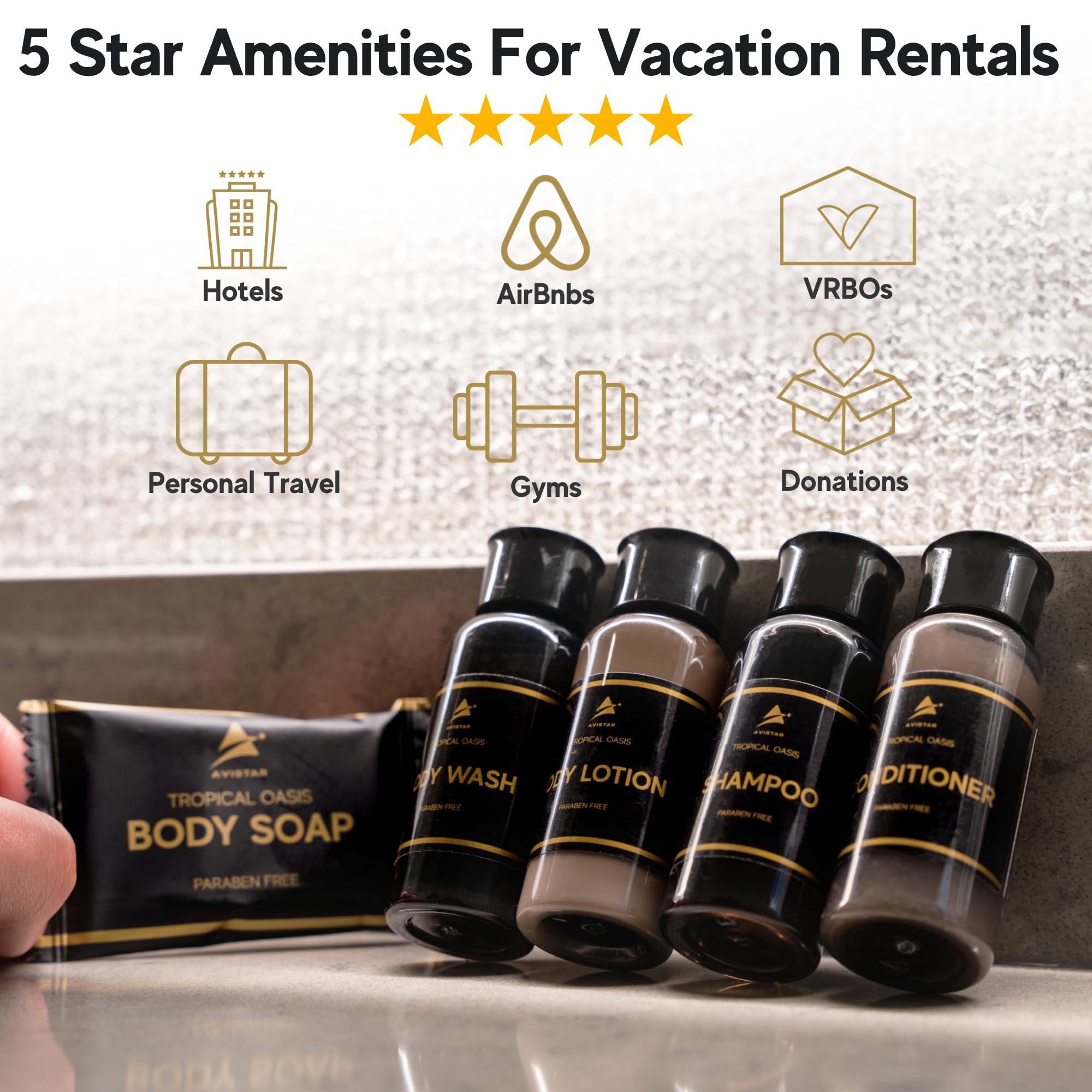 Avistar travel-size shampoo bulk bottles ready for hotel or rental use.
