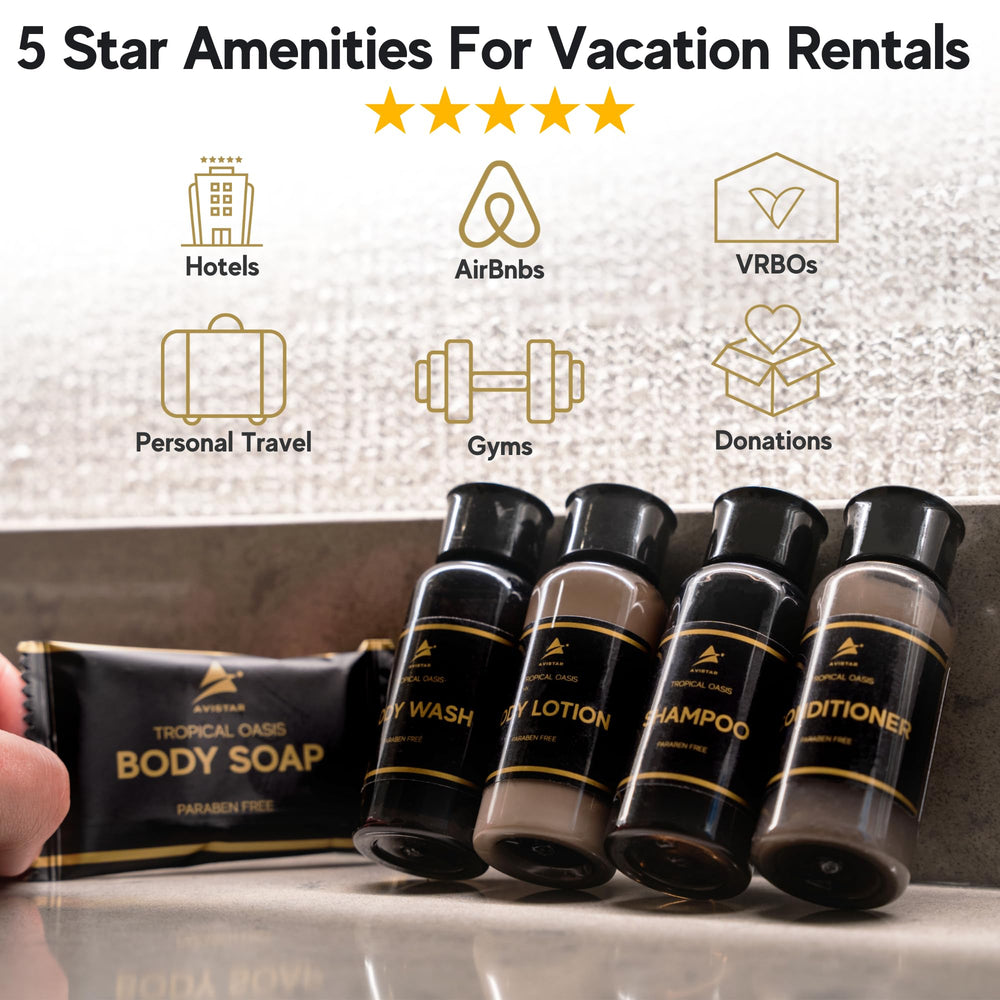 Avistar travel-size shampoo bulk bottles ready for hotel or rental use.