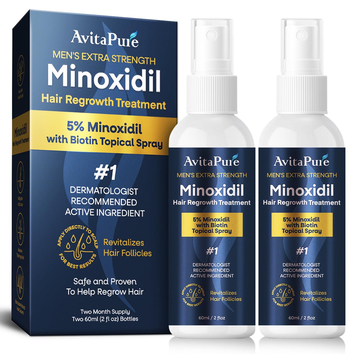 AVITAPURE 5% Minoxidil spray pump for precise application and rapid drying.