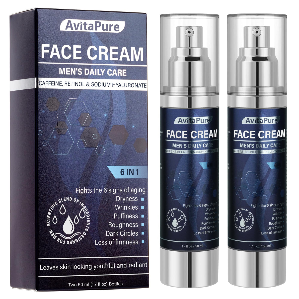 AVITAPURE 6-in-1 face cream for men with pump bottle showing quick absorption.