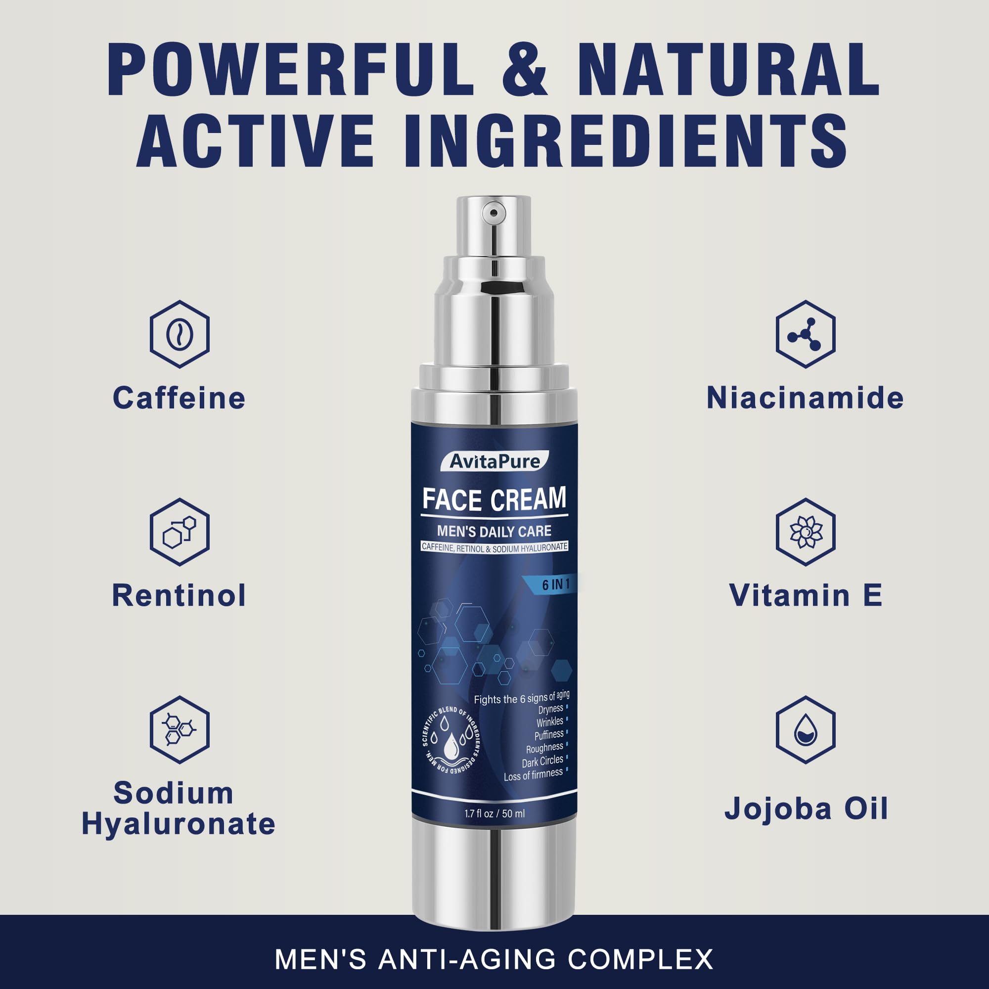 AVITAPURE retinol caffeine formula on bottle indicating anti-aging potential.