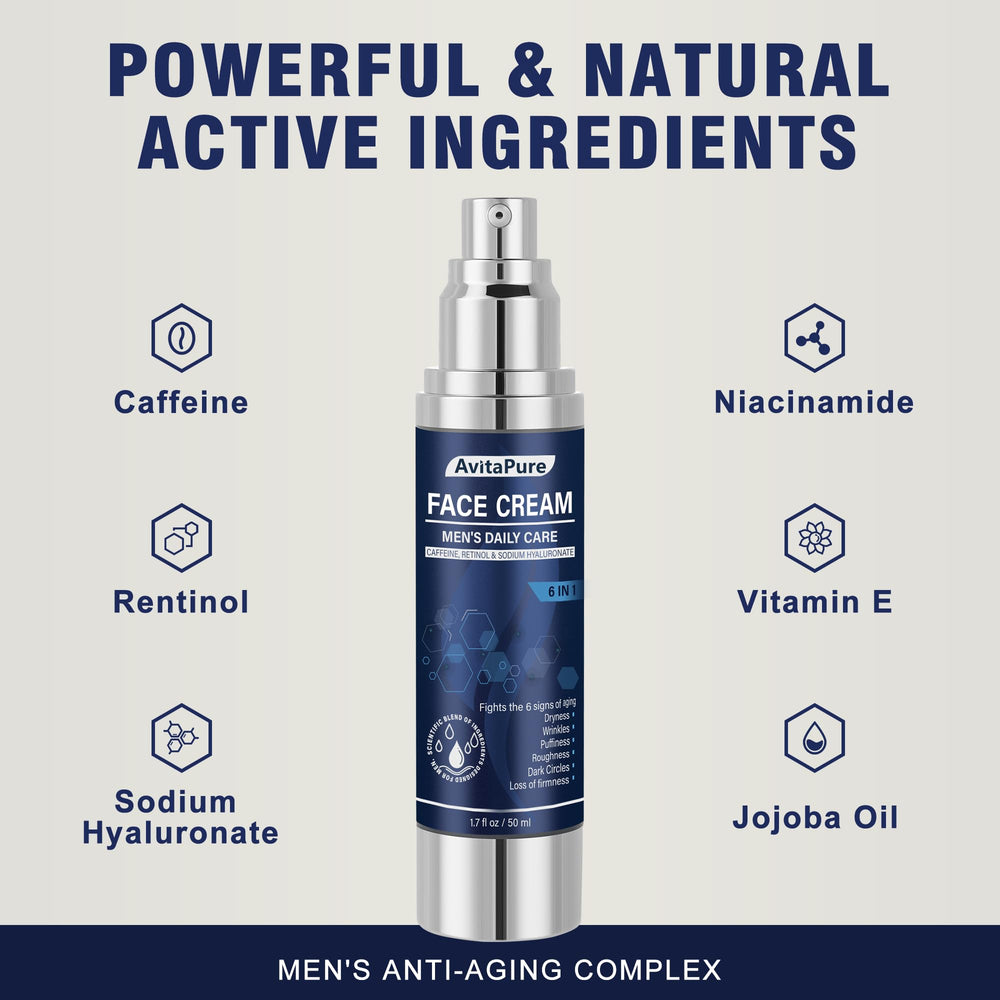 AVITAPURE retinol caffeine formula on bottle indicating anti-aging potential.