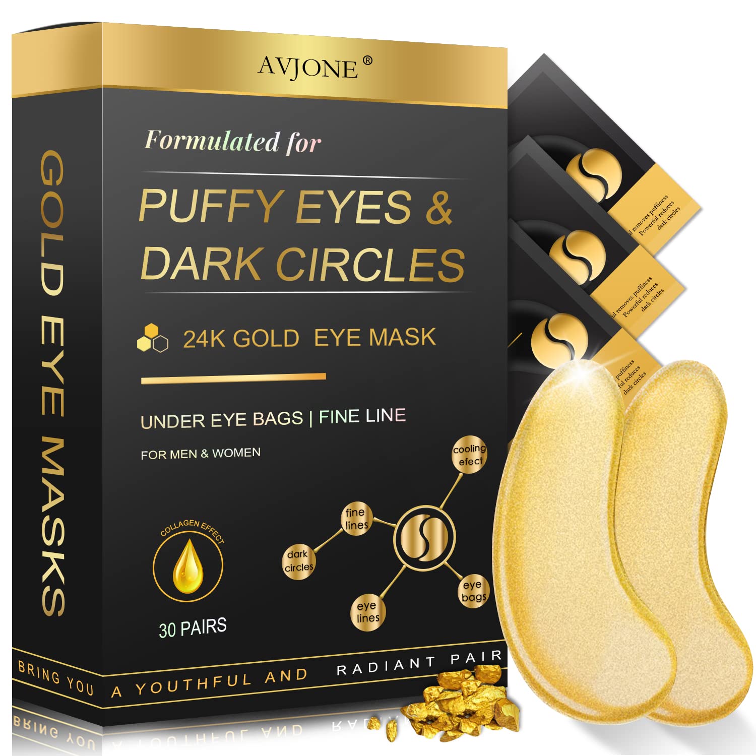 AVJONE 24K gold under-eye patches pack front for nourishment.