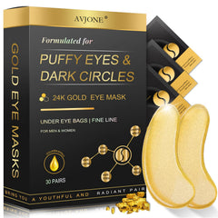 AVJONE 24K gold under-eye patches pack front for nourishment.