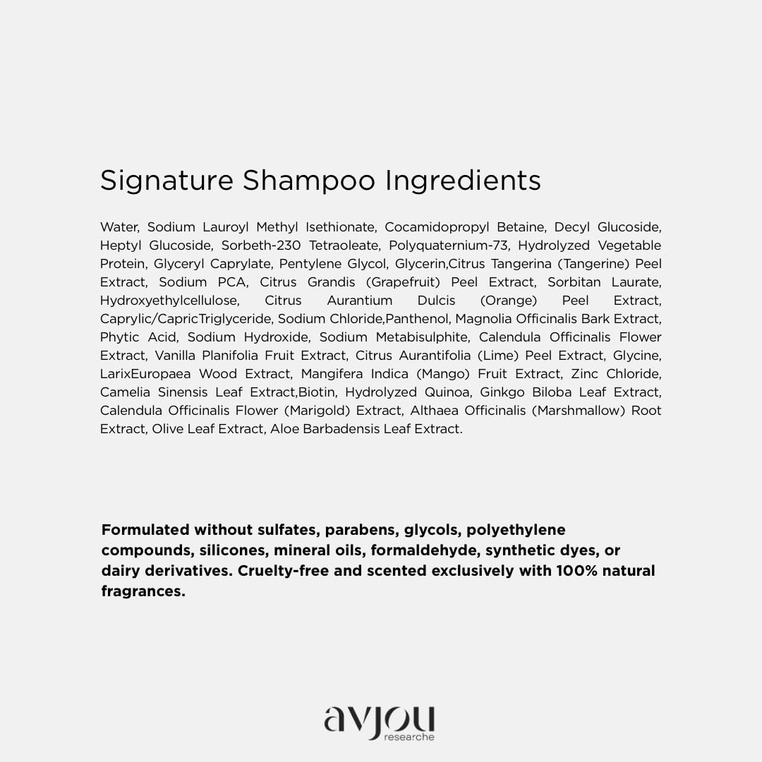 Avjou Researche Signature Shampoo coconut oil ingredient benefits on scalp and strands.
