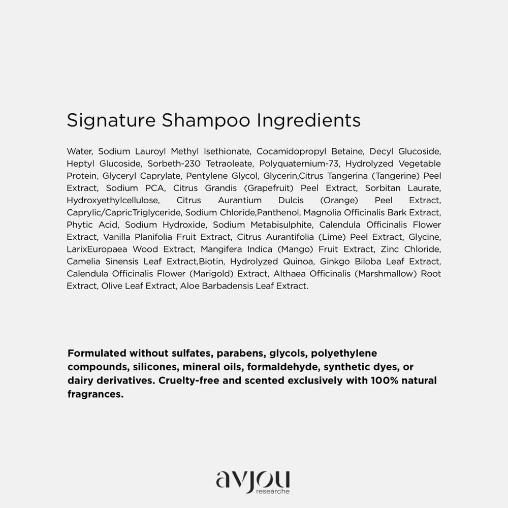 Avjou Researche Signature Shampoo coconut oil ingredient benefits on scalp and strands.