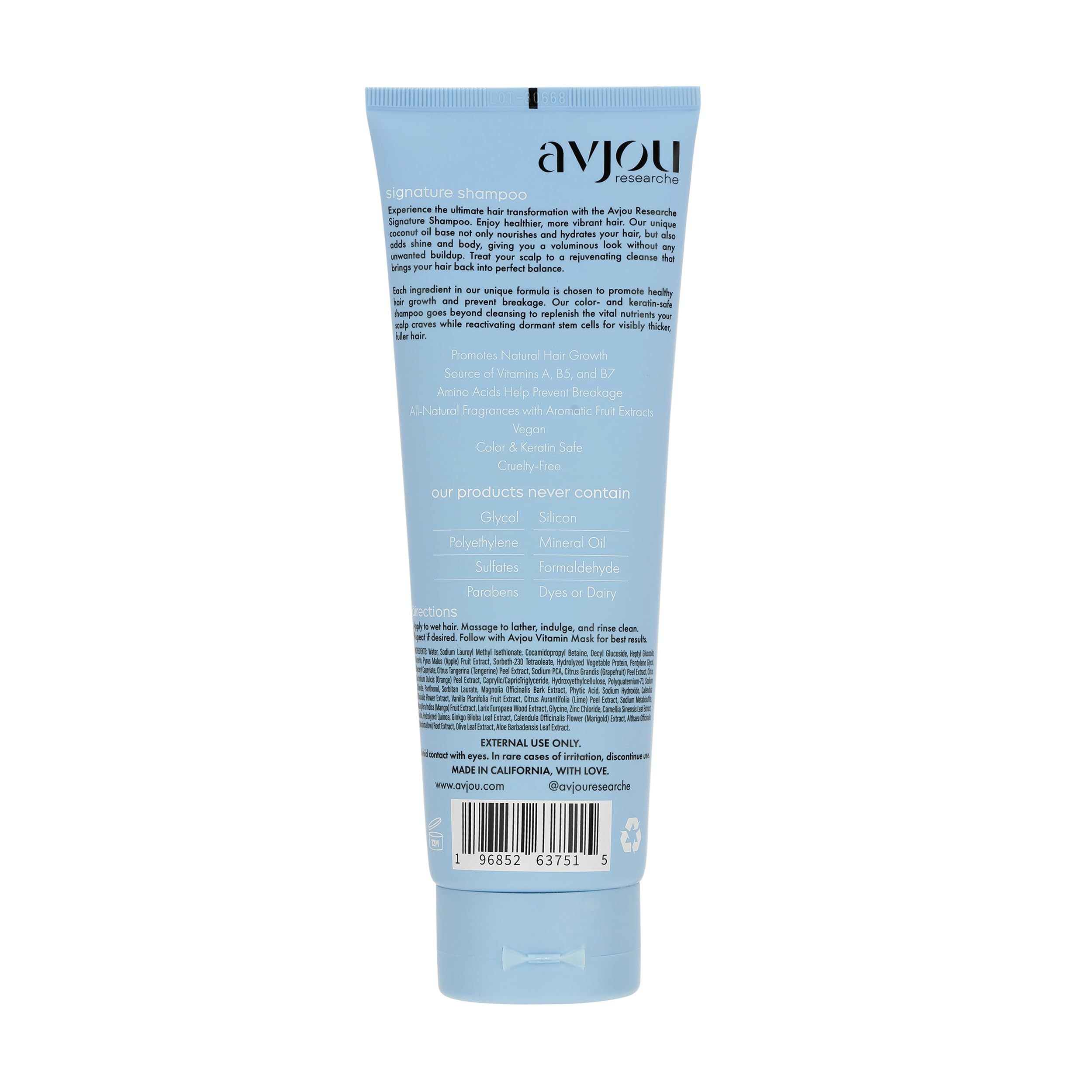 Avjou Researche Signature Shampoo foamy lather on wet hair delivering cleansing and fullness.
