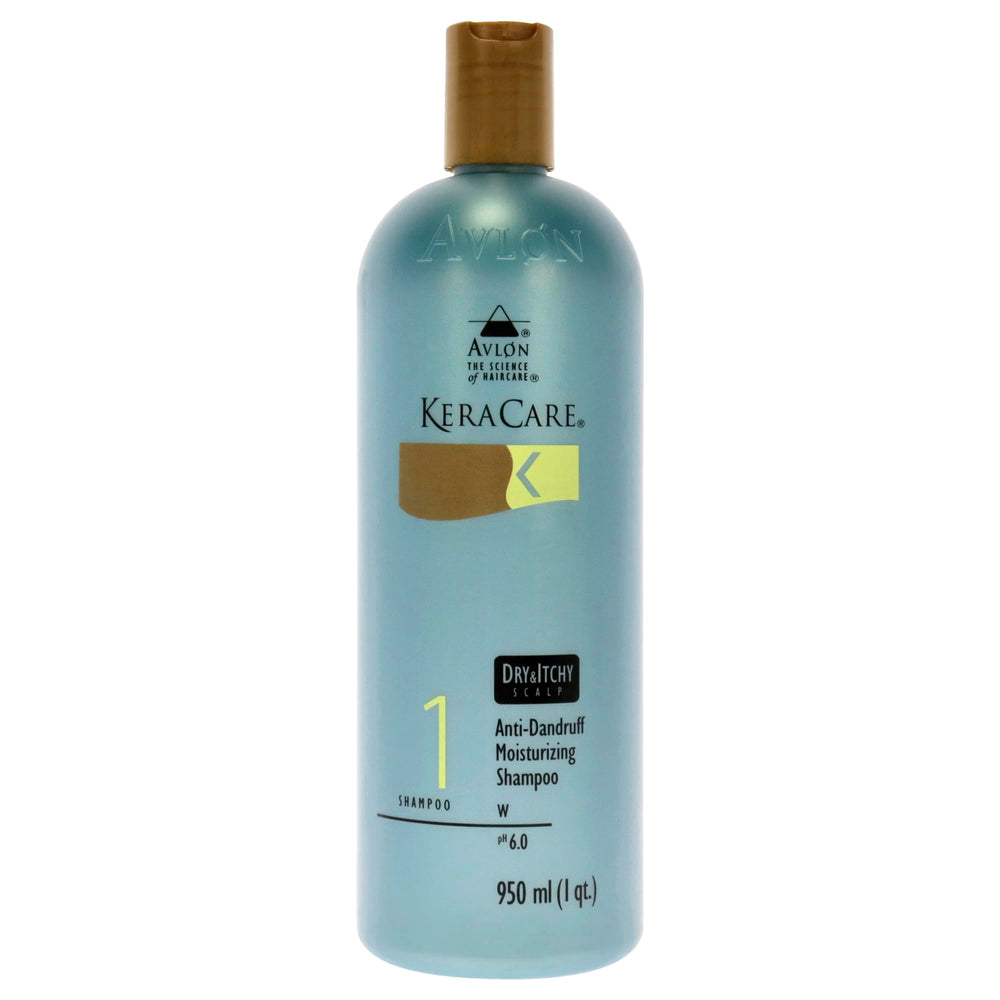 Avlon KeraCare dry and itchy scalp shampoo bottle showing anti-dandruff moisture benefits.