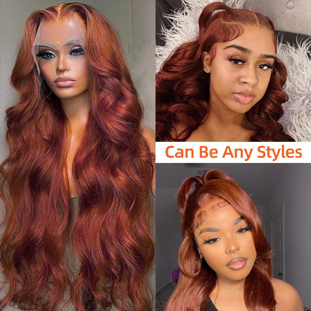 Avolo auburn body wave lace-front wig shown in 28 inches for long style