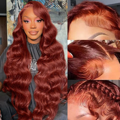 Avolo reddish-brown lace-front wig close-up with 13x4 HD lace for natural parting
