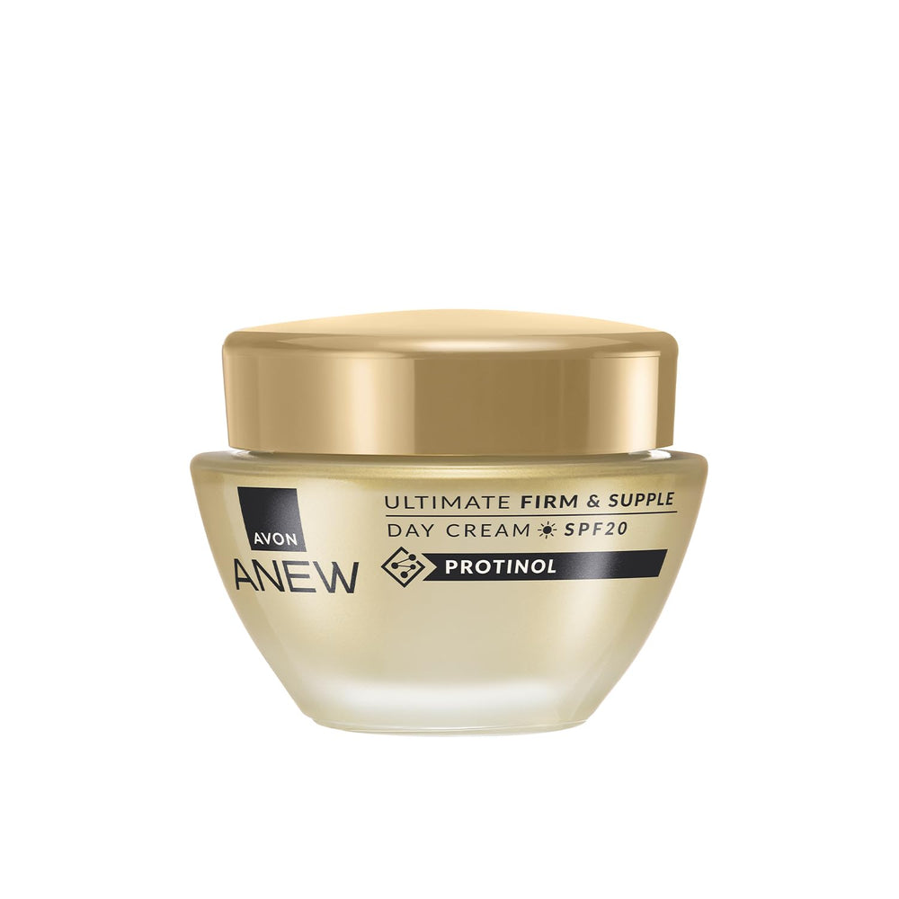 AVON Anew Ultimate Firm and Supple Day Cream SPF20 jar demonstrates rich hydration for daily care