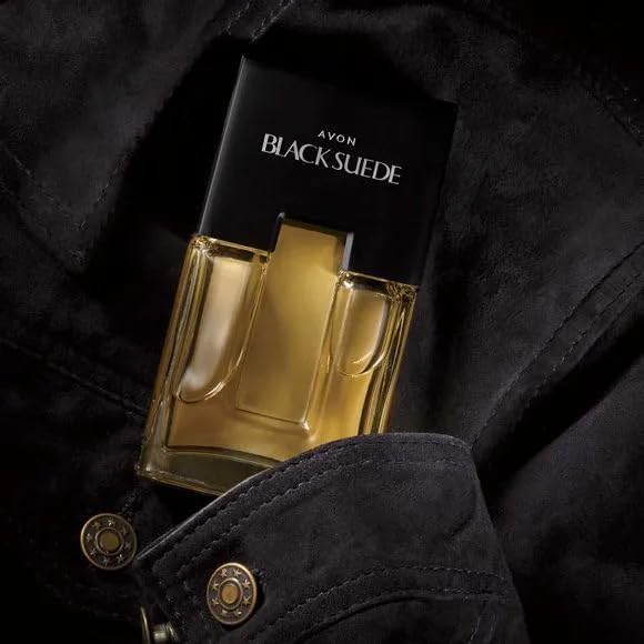AVON Black Suede eau de toilette bottle angle view, versatile day-to-night wear.