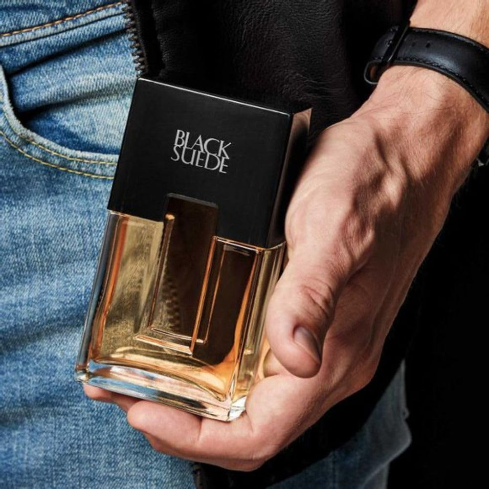 AVON Black Suede eau de toilette cap closeup, premium presentation.